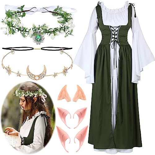 Bonuci Women Renaissance Dress Medieval Costume Women with Elf Ears, Moon Head Chain and Woodland Fairy Crown for Carnival(Small/Medium, Long Sleeves Light Green)