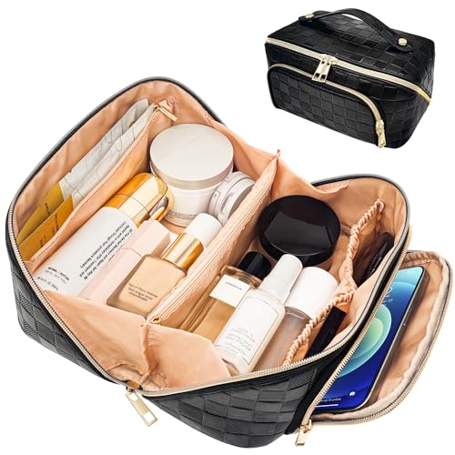 stona Travel Makeup Bag for Women, Large Capacity PU Leather Waterproof Checkered Cosmetic Bags, Portable Pouch Open Flat Toiletry Bag, Make up Organizer with Divider and Handle, Black