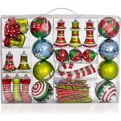 R N' D Toys Elf Ornament Set – Christmas Jingle Bells Elves Shatterproof Balls and Elven Hanging Ornaments for Indoor or Outdoor Christmas Xmas Tree, Holiday Party, Home Décor - 67 Piece Set
