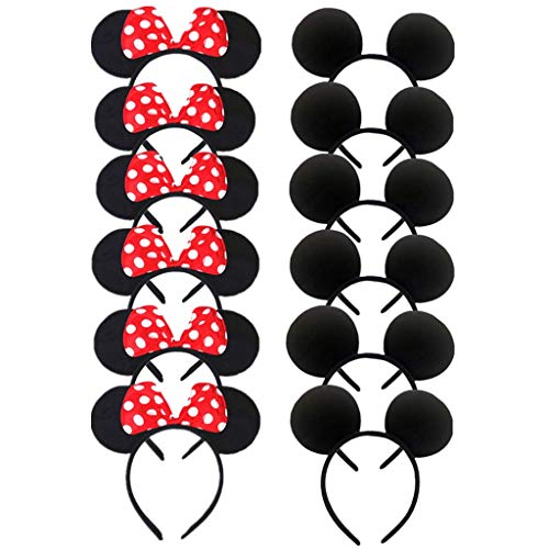 DH Mouse Ear and Red Bow Headband for Girls Birthday Costume Party (12 pcs Pack)