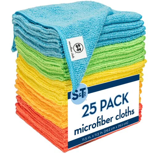 S&T INC. 25 Pack Microfiber Cleaning Cloth, Bulk Microfiber Towel for Home, Reusable and Lint Free Cloth Towels for Car, Assorted Colors, 11.5 Inch x 11.5 Inch, 25 Count