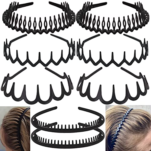 ULTIMUTE 8 PCS Fashion No Slip Effortless Plastic Headbands with Teeth Comb Black Skinny Hair Bands for Women Men Teen Girls, Matte Black