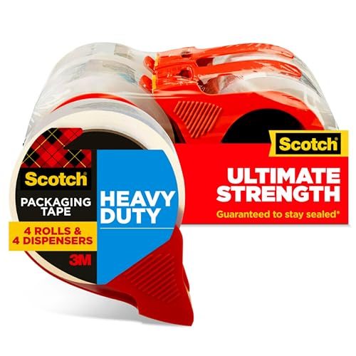 Scotch Heavy Duty Shipping Packing Tape, Clear, Shipping and Packaging Supplies, 1.88 in. x 54.6 yd., 4 Tape Rolls with 4 Dispensers