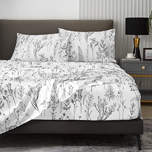 HYPREST Floral Sheets Queen Size,18 inches Deep Pocket Sheets, 1800 Thread Count Black and White Leaf Floral Bed Sheets Soft Breathable Cute Aesthetic Shabby Chic Bed Sheets, Oeko-Tex Certificated.