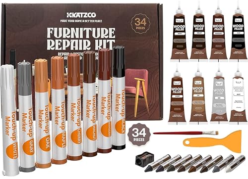 Katzco Furniture Repair Kit Wood Markers - Set of 34 - Markers and Wax Sticks with Sharpener - for Stains, Scratches, Floors, Tables, Desks, Carpenters, Bedposts, Touch-Ups, Cover-Ups