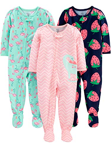 Simple Joys by Carter's Baby Girls' 3-Pack Loose Fit Flame Resistant Polyester Jersey Footed Pajamas, Dinosaur/Flamingo/Strawberry Print, 6-9 Months