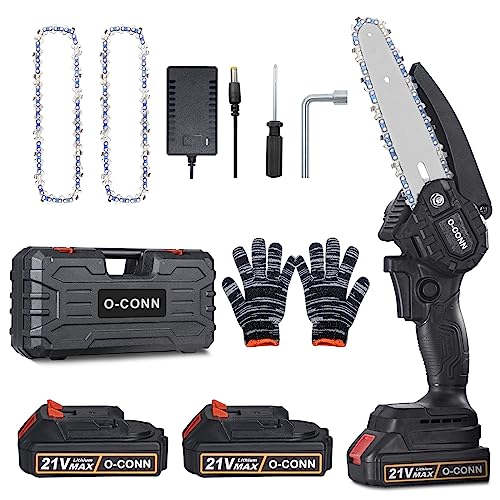 Mini Chainsaw, O-CONN Cordless 6 Inch Handheld Portable Electric Chainsaw with 2 Batteries 2 Chains, 21V Battery Powered with Safety Lock, for Tree Trimming Branch Wood Cutting