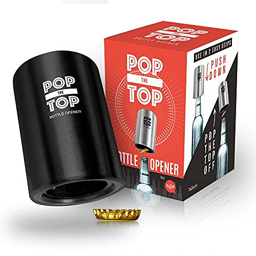 Pop-the-Top Beer Bottle Opener (Black): Automatic Bottle Cap Opener, Push Down Pop Off Bar Tool, Soda and Beer Cap Remover, Cool & Fun Gadget