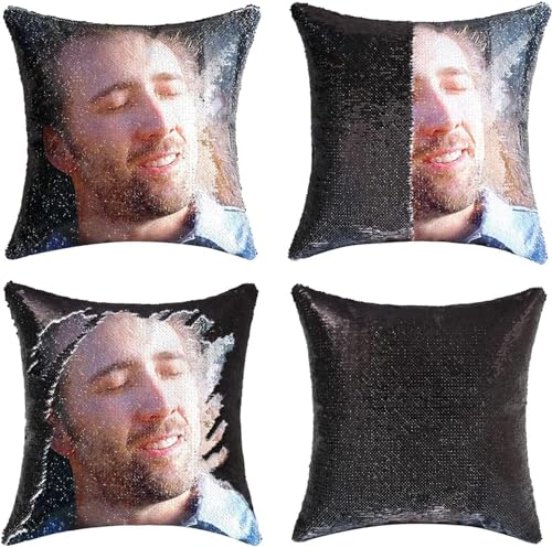 meachin Nicolas Cage Sequin Pillow Cover Magic Funny Gifts 16x16 inch Mermaid Reversible Pillowcase That Color Changes Home Decor Throw Pillow Case Sofa Cushion Cover