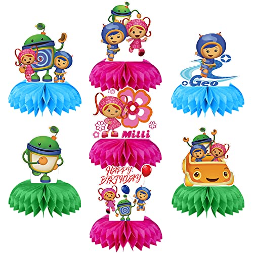Team Umizoomi Party Decorations Honeycomb Centerpiece, 7 Pieces Cartoon Milli and Geo 3D Double Side Cake Toppers Table Centerpieces, Team Umizoomi Photo Backdrop for Kids Birthday Party Decorations