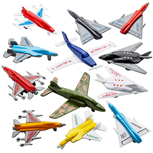 Airplane Toys - 12 Pack Vehicle Aircraft Plane Playset, includes Styles of Bomber, Military, F-16 Fighter Jets, for Birthday Party Favor Toys, for Kids Boys and Girls (Styles May Very)