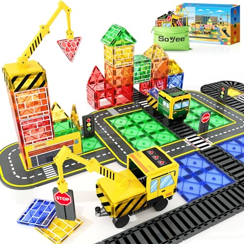 Magnetic Tiles Magnetic Construction Set with 2 Cranes Boys Toys for Ages 3-5 5-7 8-10 Building Toys Includes Crane, Road Tracks, Train, Train Tracks, Dolls, Car Toy, Traffic Lights and Stations