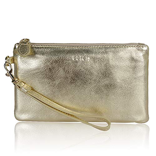befen Gold Wristlet Clutch Purses for Women Genuine Leather Chic Womens Wallet Evening Handbags with Cell Phone Pocket - Metallic Gold