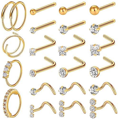 ONESING 23 Pcs 18G Gold Nose Rings for Women Nose Piercing Jewelry L Shape Nose Studs Nose Rings Hoop Stainless Steel Studs Screw Body Piercing Jewelry for Women Men