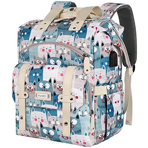 FALANKO Laptop Backpack for Women,Teacher Doctor Nurse Work Purse Bag for 15.6 Inch Laptop,Cute Cartoon Pattern backpack With USB Charging Port RFID Anti Theft Pocket, Large Travel Bookbag for Women