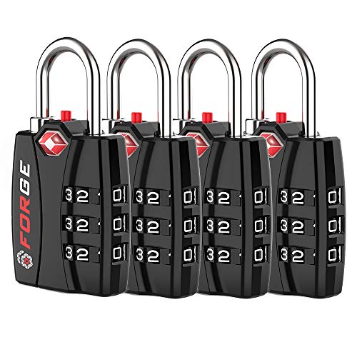 Forge TSA Approved Luggage Locks 4 Pack Black, Travel Lock with Zinc Alloy Body, Open Alert, Easy Read Dials, for Travel Suitcase, Bag, Backpack, Lockers.