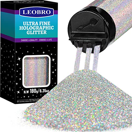LEOBRO Glitter, 180G/6.35OZ Silver Glitter, Holographic Ultra Fine Glitter, Glitter Powder for Resin, Craft Glitter, 1/128' Metallic Iridescent Glitter for Tumblers DIY Arts and Crafts Body Glitter