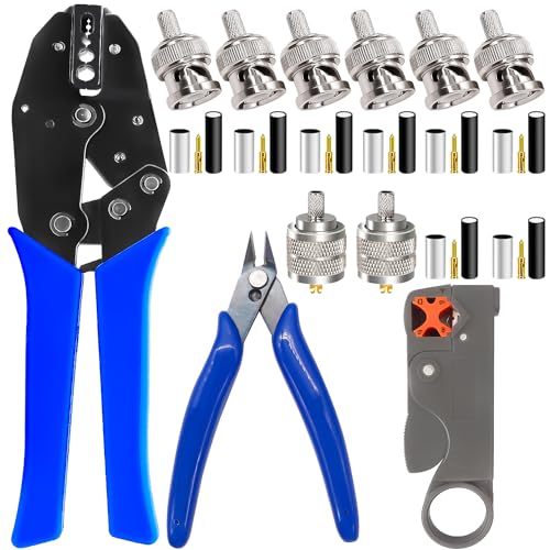 mxuteuk Coaxial Cable Tool Kit,BNC Crimp Tool with 8PCS BNC/UHF Crimp Male Connectors 1PCS Coaxial Cable Stripper 1PCS Wire Cutter for RG58, RG59, RG62, RG174