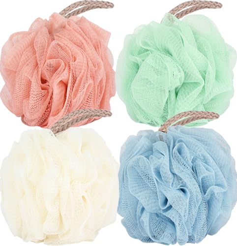 Fu Store Loofah Sponge Shower Loofahs 50g Bath Sponges Mesh Balls 4 Colors for Body Wash Back Scrubber Bathroom Men Women - 4 Pack Scrubber Cleaning Bathing Accessories