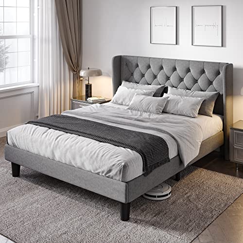 Allewie Queen Size Bed Frame with Button Tufted Wingback Headboard, Modern Upholstered Bed Frame with Solid Wooden Slats Support - No Box Spring Needed, Easy Assembly, Light Grey