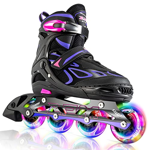 2PM SPORTS Vinal Girls Adjustable Inline Skates with Light up Wheels Beginner Skates Fun Illuminating Roller Skates for Kids Boys and Ladies… (Violet & Magenta, Large - Youth (4Y-7Y US))
