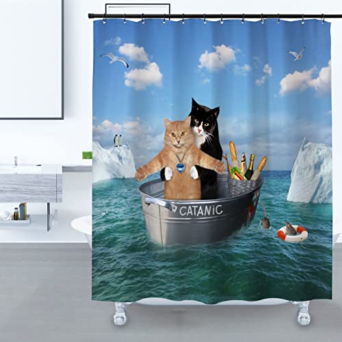 Domoku Cat Shower Curtain Funny Pet Kitten Couple Cosplay in Ocean Fun Cute Cat Bathroom Shower Curtains Polyster Fabric Waterproof with 12Hooks,72 * 72inch/180cm*180cm