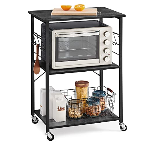 VASAGLE Kitchen Shelf on Wheels, Serving Cart with 3 Shelves, Kitchen Cart, Microwave Shelf, for Mini Oven, Toaster, with 6 Hooks, Ebonized Oak Finish UKKS060B42, 15.7 x 23.6 x 35 Inches