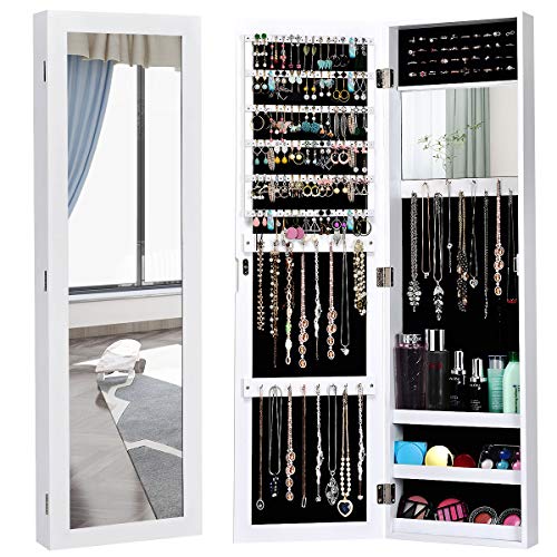 Giantex Jewelry Armoire Cabinet Wall Door Mounted with Full Length Mirror, Jewelry Organizer with Makeup Mirror, Ring Earring Slots, Necklace Hooks, Large Capacity Storage Jewelry Armoire (White)