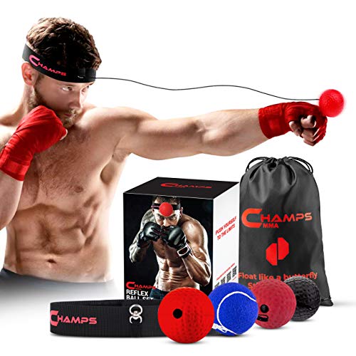Boxing Reflex Balls Set of 4 – Boxing Ball MMA Gear of with Varying Weights with Adjustable Headband and 4 Spare Strings to Improve Speed and Hand-Eye Coordination for Men, Kids Boxing Equipment
