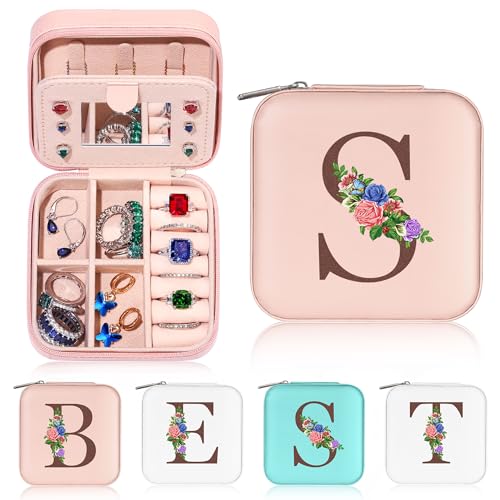 Yesteel Mothers Day Gifts for Mom Wife - Initial Travel Jewelry Case Jewelry Box Jewelry Organizer, Ring Necklace Earring Jewelry Box With Mirror, Birthday Gifts for Women Mom Letter S