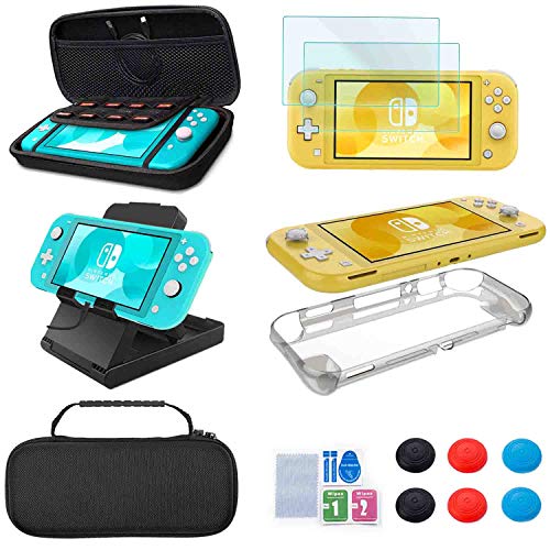 Accessories Kit for Nintendo Switch Lite - YOOWA Accessories Bundle with Carrying Case Protective Cover case and 2-Pack Tempered Glass Screen Protector, Adjustable Play Stand, 6 Thumb Grips