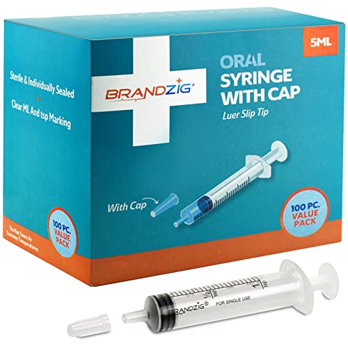 5ml Syringe With Cap (100 Pack) | Oral Dispenser Without Needle, Luer Slip Tip, | Individually Wrapped Medicine Dropper For Infants & Pets