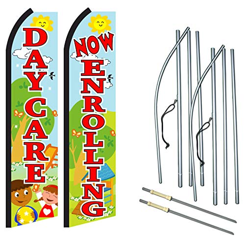 “Daycare/Now Enrolling' - 2 Pack of NEOPlex Swooper Feather Flag Sets - Includes 2 Swooper Feather Flags (Pictured), 2 Flagpoles, and 2 Ground Spikes Y