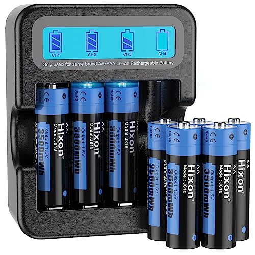 Rechargeable Batteries AA with LCD Charger,Hixon 8x3500mWh AA Rechargeable Lithium Batteries,Constant 1.5V Output,1600Cycles,Fits for Blink Camera VR/Xbox Gaming Controller.