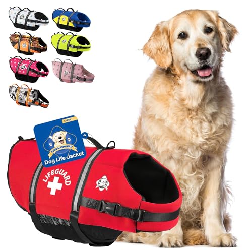 Paws Aboard Dog Life Jacket - Keep Your Canine Safe with a Neoprene Life Vest - Designer Life Jackets - Perfect for Swimming and Boating - Red, Large