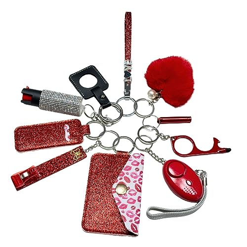 ADJCF Keychain Set : Gift for Girls, Women – 10 Pcs Protective Keychain Accessories Kit with Wristlet Strap, Whistle, and Pom Pom