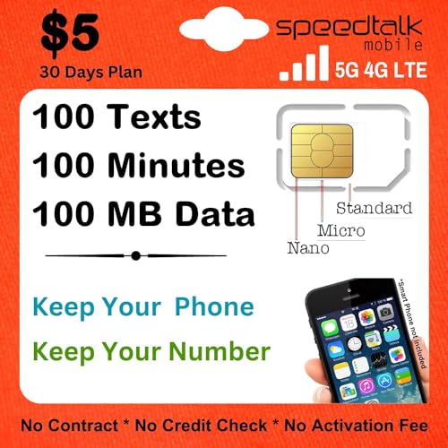 SpeedTalk Mobile SIM Card Kit for Smart Phones & Cellphones | $5 Monthly Plan - 100 Texts (SMS) + 100 Minutes (Talk) + 100 MB 5G 4G LTE Data | 3-in-1 Standard Micro Nano Size | 30 Days USA Coverage