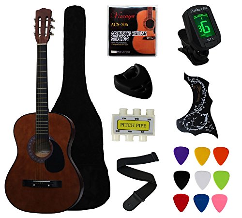 YMC 38' Coffee Beginner Acoustic Guitar Starter Package Student Guitar with Gig Bag,Strap, 3 thickness 9 Picks,2 Pickguards,Pick Holder, Extra Strings, Electronic Tuner-Coffee