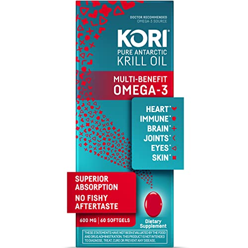 Kori Krill Antarctic Krill Oil Omega 3 Supplement, EPA & DHA, Krill Oil Supplements with Superior Absorption vs. Fish Oil, 600 mg, 60 softgels