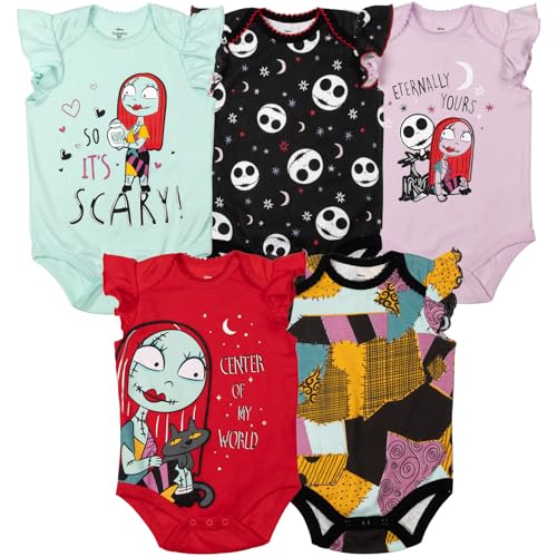 Disney Nightmare Before Christmas Jack Skellington Sally Newborn Baby Girls 5 Pack Cuddly Short Sleeve Baby Bodysuits Multicolor 3-6 Months