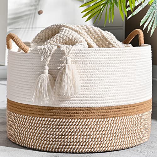 KAKAMAY Large Blanket Basket (20'x13'),Woven Baskets for storage Baby Laundry Hamper, Cotton Rope Blanket Basket for Living Room, Laundry, Nursery, Pillows, Baby Toy chest (White/Brown)