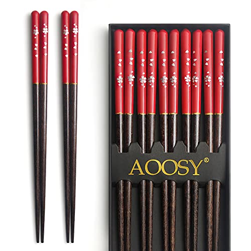 AOOSY 5 Pairs Japanese Korean Reusable Natural Wooden Utensils Wood Chopstick Set with Box for Sushi Noodles Rice Bowl Hair Adult Kids kitchen(Couple Red Chopsticks with Box)