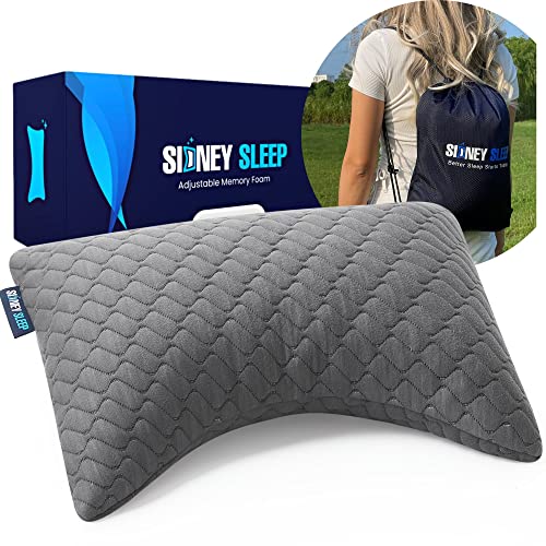 Sidney Sleep Mini Travel Size Neck Pillow - Knee Pillow - Back Lumbar Support - Curved Mini Bed Pillow - 14 x 19 Inches - Adjustable Loft - Washable - Drawstring Backpack Included