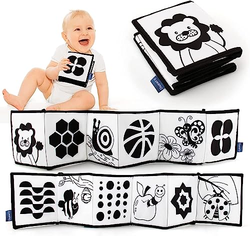 KaPing My First Black and White High Contrast Soft Book , Infant Tummy Time Toys, Black and White Baby Cards, Folding Educational Activity Cloth Book Suitable for Boys Girls Toddler