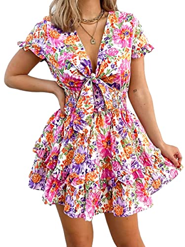 PRETTYGARDEN Women's 2024 Summer Swing Mini Dress Tie Front V Neck Short Sleeve Ruffle Layer A-Line Short Dress(Floral White,X-Large)