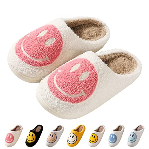 Beishani Smiley Face Slippers for Women, Cozy Smiley Slippers Fluffy Retro Preppy Slippers Comfy Happy Face Slippers Soft Slippers for Women