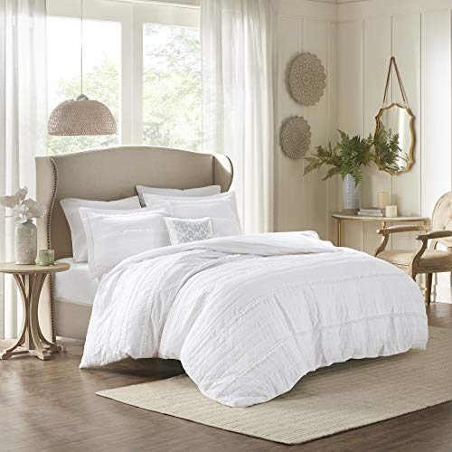 Madison Park Celeste Duvet Cover Full/Queen Size - White , Ruffle Stripes Duvet Cover Set – 4 Piece – Ultra Soft Microfiber Light Weight Bed Comforter Covers