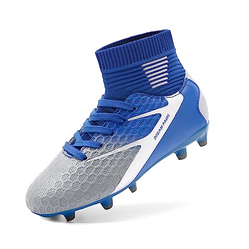 DREAM PAIRS Boys Girls Soccer Football Cleats Shoes(Toddler/Little Kid/Big Kid),Size 6 Big Kid,Blue/White/Grey,HZ19002K