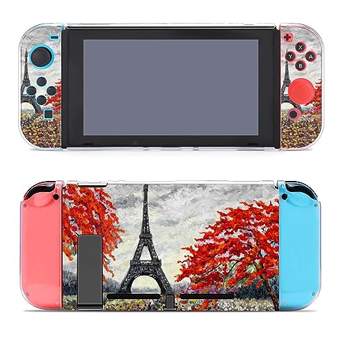 France Eiffel Tower and Flower Printed Protective Case Cover Compatible with Switch Game Console Controller with Holder Stand