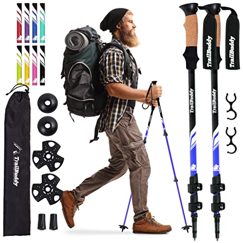 TrailBuddy Lightweight Trekking Poles - 2-pc Pack Adjustable Hiking or Walking Sticks - Strong Aircraft Aluminum - Quick Adjust Flip-Lock - Cork Grip, Padded Strap